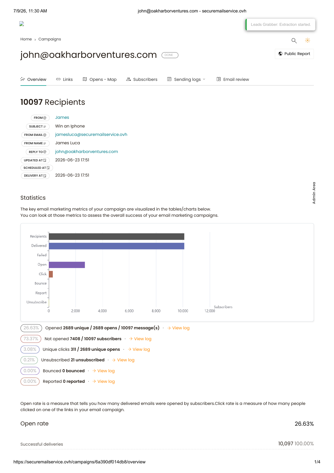 Sample cold email campaign report preview