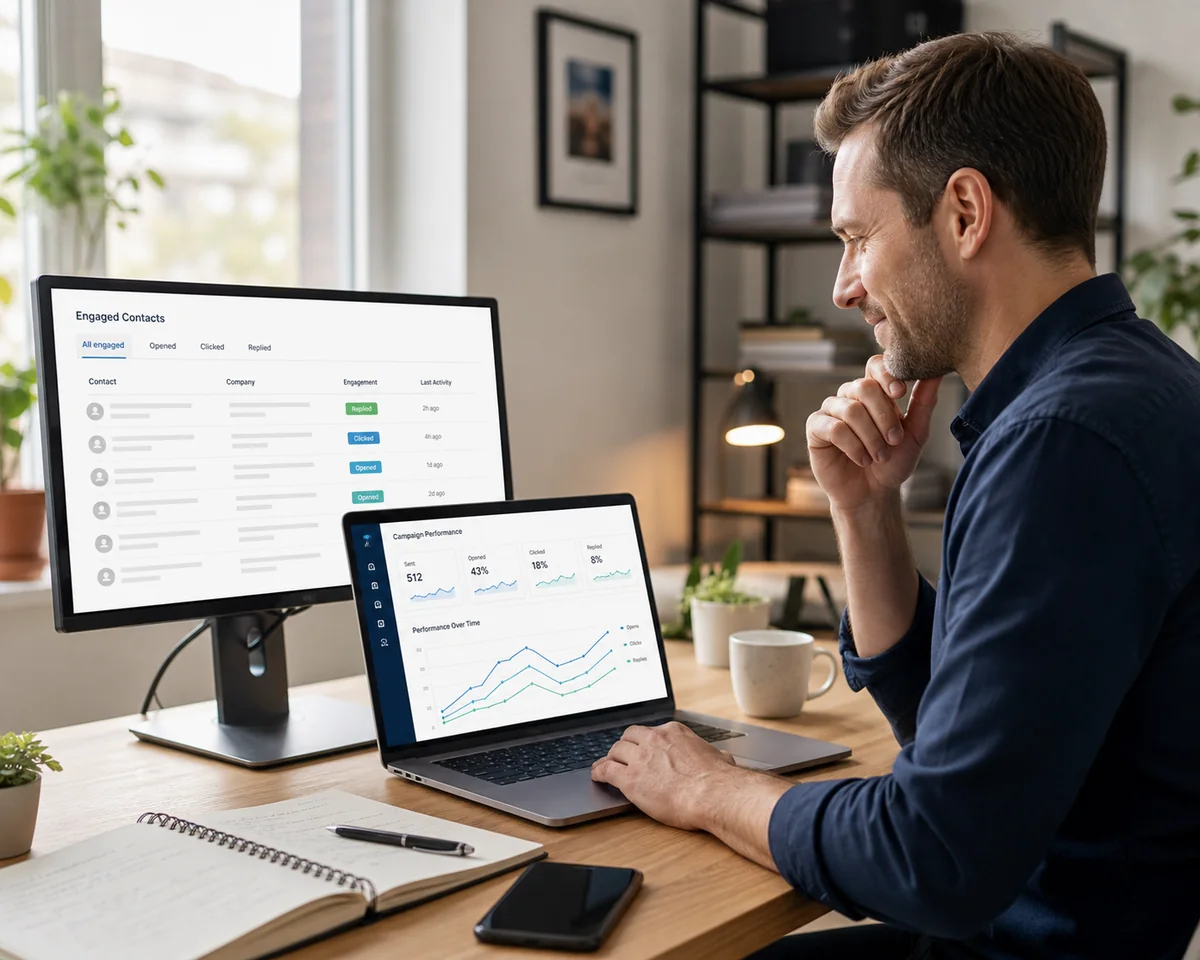 Business owner reviewing campaign results and engaged prospect records